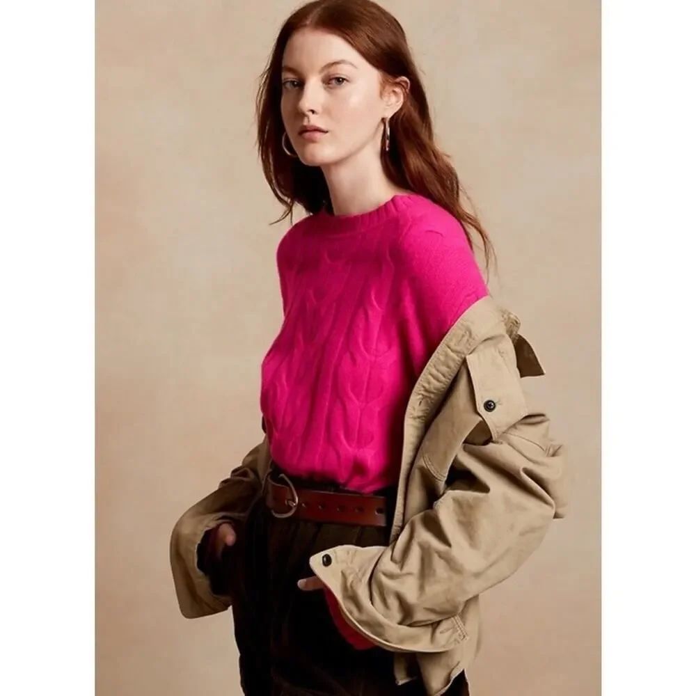 Banana Republic 100% Italian Merino Wool Cable Knit Sweater Hot Pink Medium